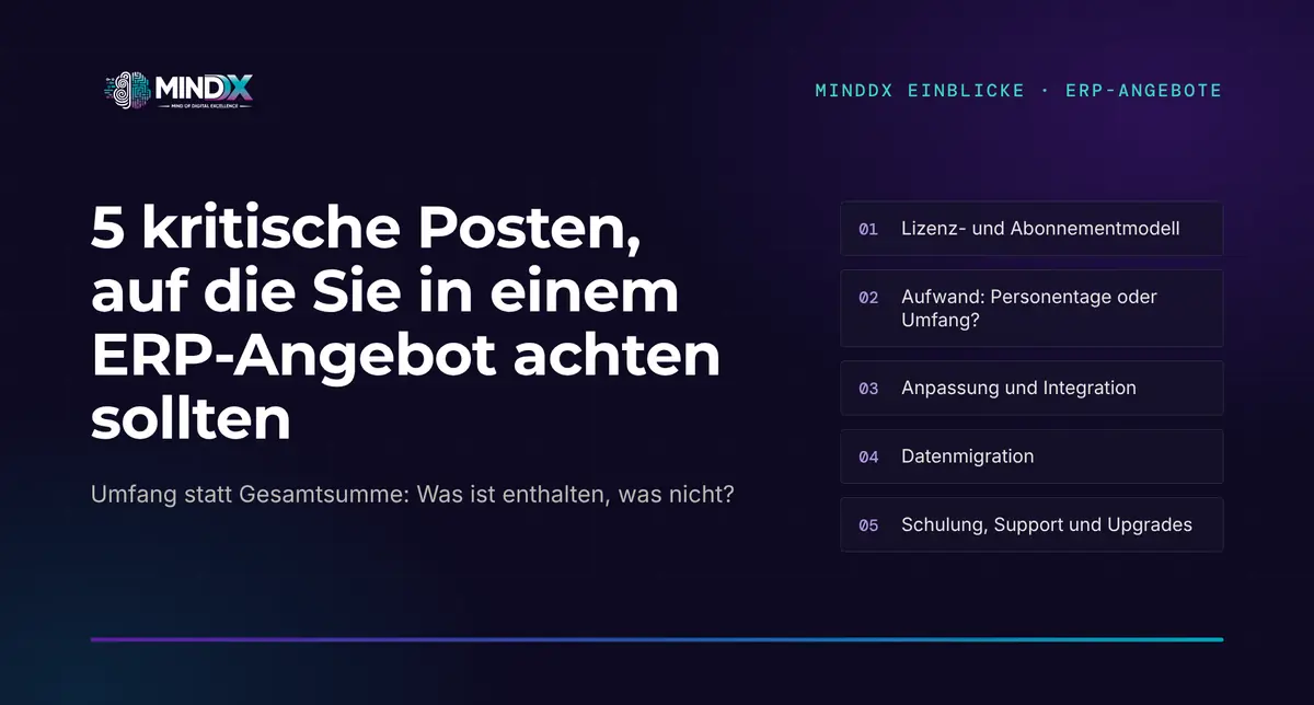 MindDX-Titelbild: typografische Grafik mit den fünf kritischen Posten, die in einem ERP-Angebot zu prüfen sind.