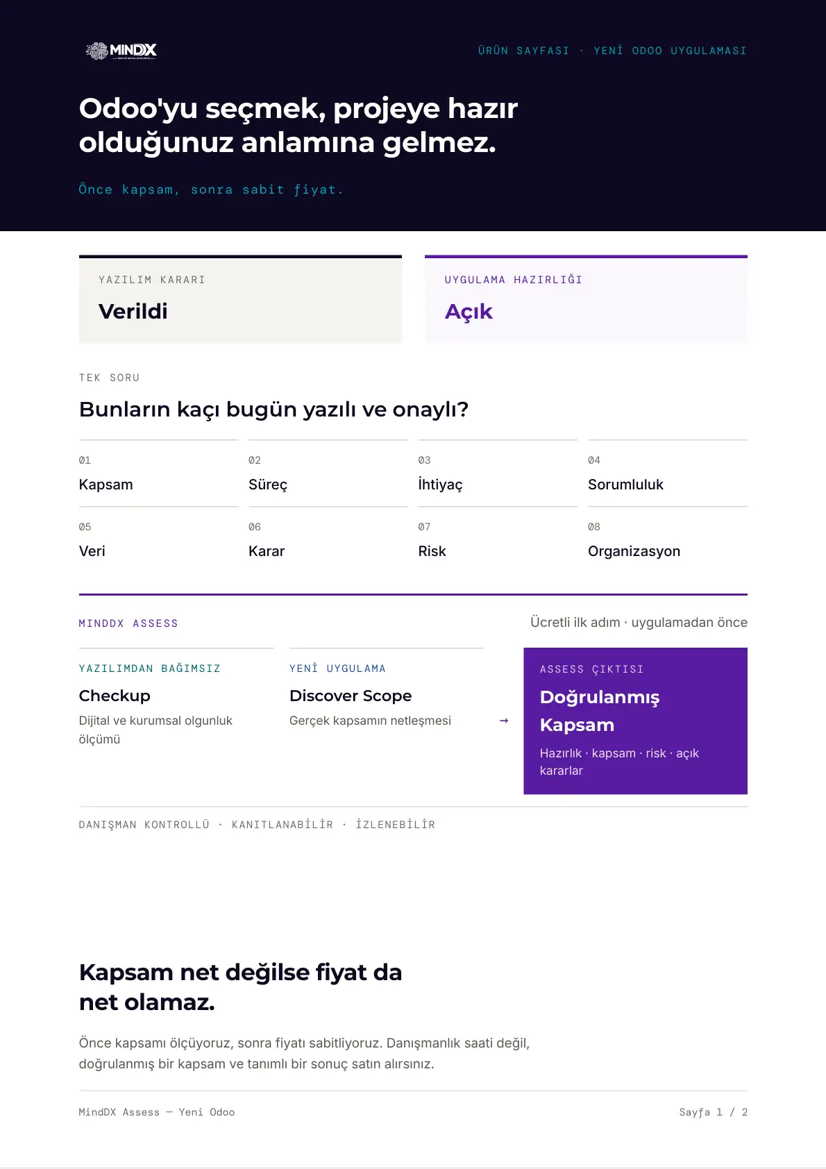 MindDX Assess — Yeni Odoo — kapak sayfası