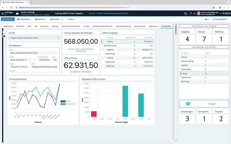 abas ERP web client: a customer-file dashboard with open orders, revenue figures and period charts.