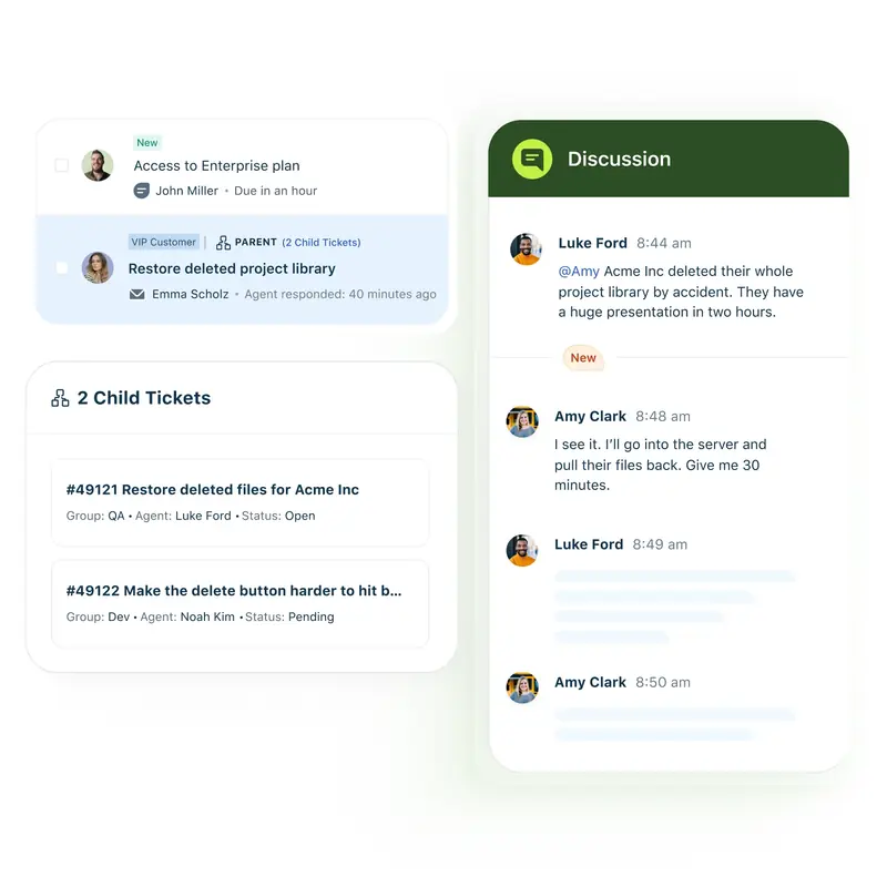 Freshdesk advanced ticketing: a parent ticket with two child tickets and an internal team discussion.