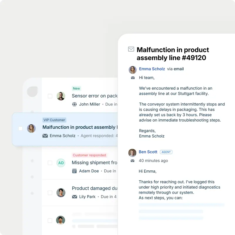 Freshdesk email ticket: a customer email reporting an assembly-line malfunction and the agent reply, with the ticket queue on the left.