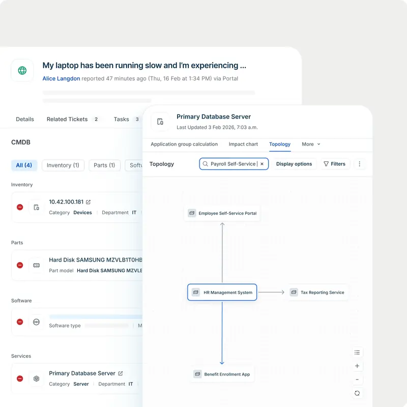Freshservice dependency map: topology of the assets and servers a service ticket affects.