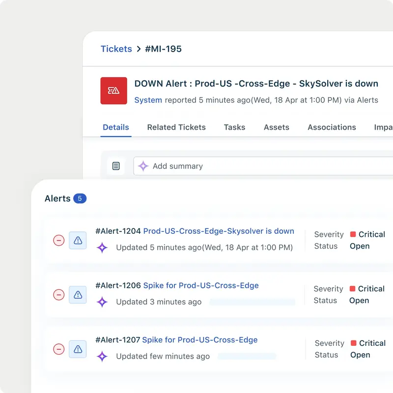 Freshservice incident and alert screen: related alerts of «Critical» severity grouped under one outage ticket.