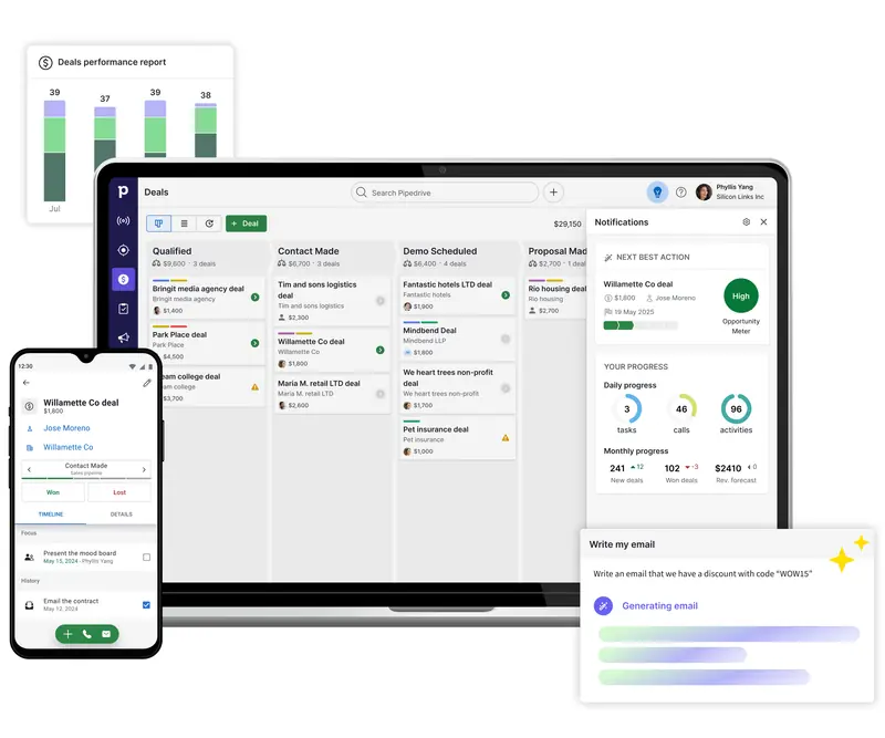 Pipedrive desktop and mobile app: pipeline, deal detail and a sales performance report together.