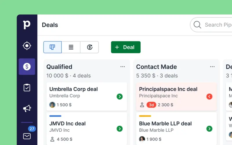 Pipedrive deal pipeline: deal cards with value and next-step markers in the Qualified and Contact Made stage columns.