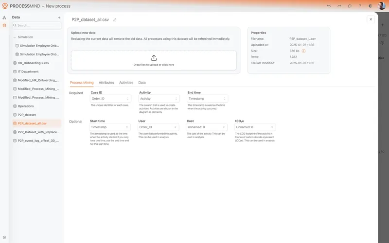 ProcessMind data screen: mapping the case ID, activity and timestamp columns of an uploaded purchasing event log.