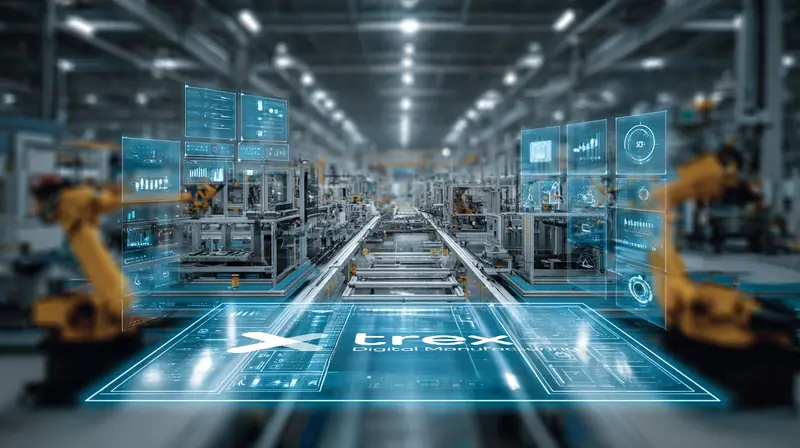trex MOP ürün sayfası görseli: robot kollu bir üretim hattının üzerinde veri panelleri, zeminde trex Digital Manufacturing yazısı.