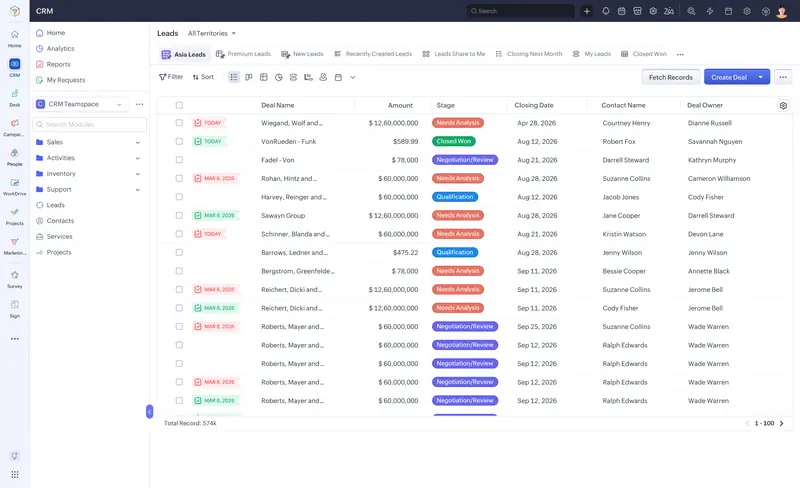 Zoho CRM list view: sales records with deal name, amount, stage, closing date and owner columns.