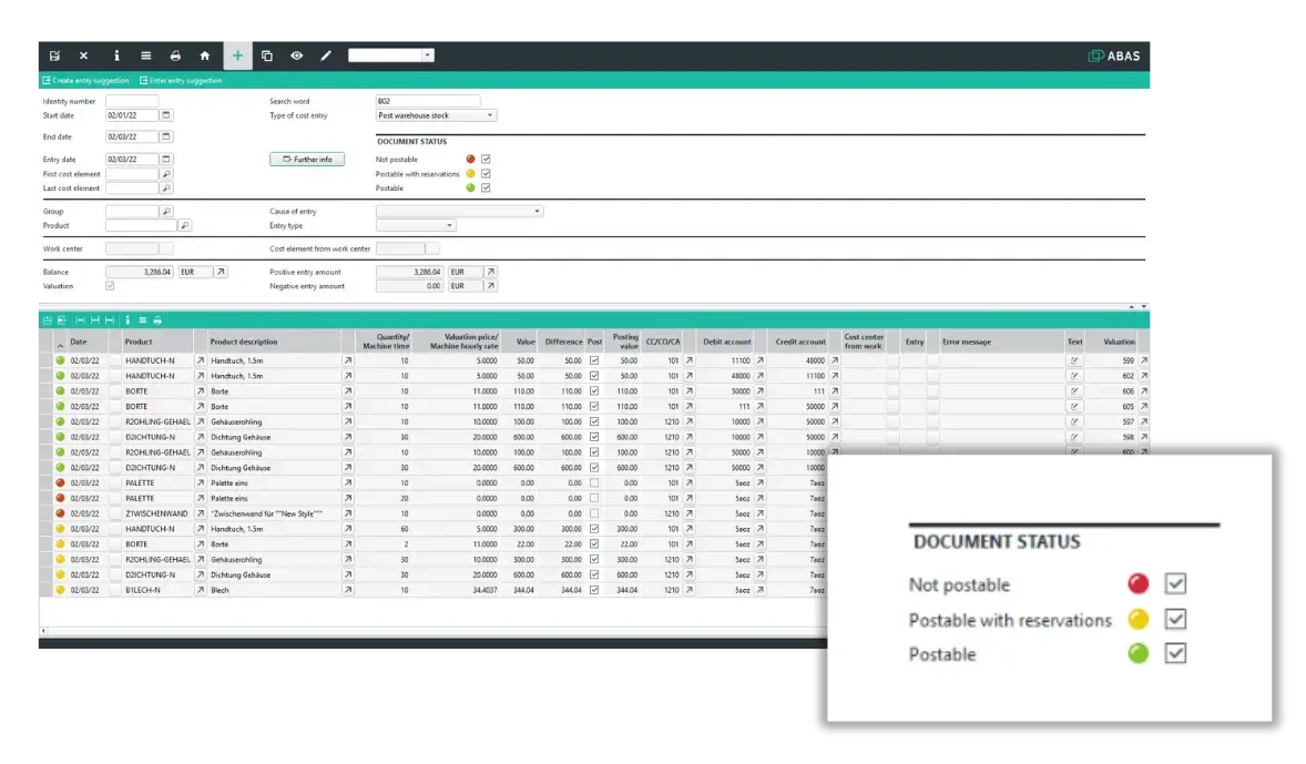 Abas ERP Financial Accounting: Material costs posting