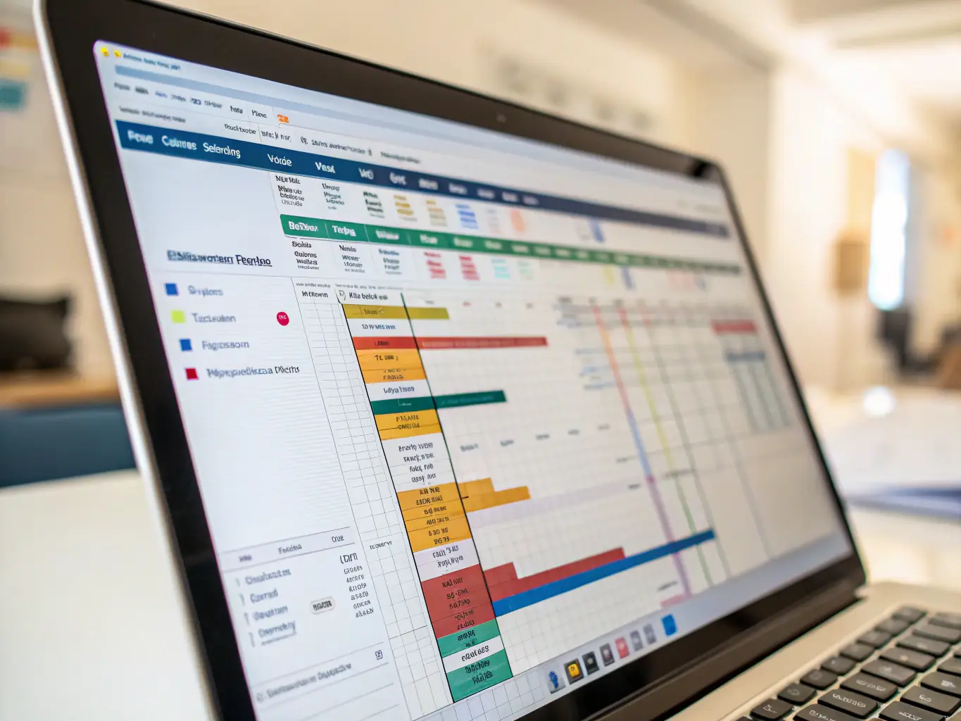 A detailed Gantt chart visualization within SkyPlanner APS, showcasing a production schedule with various tasks, dependencies, and resource allocations, highlighting the software's ability to manage complex manufacturing operations.