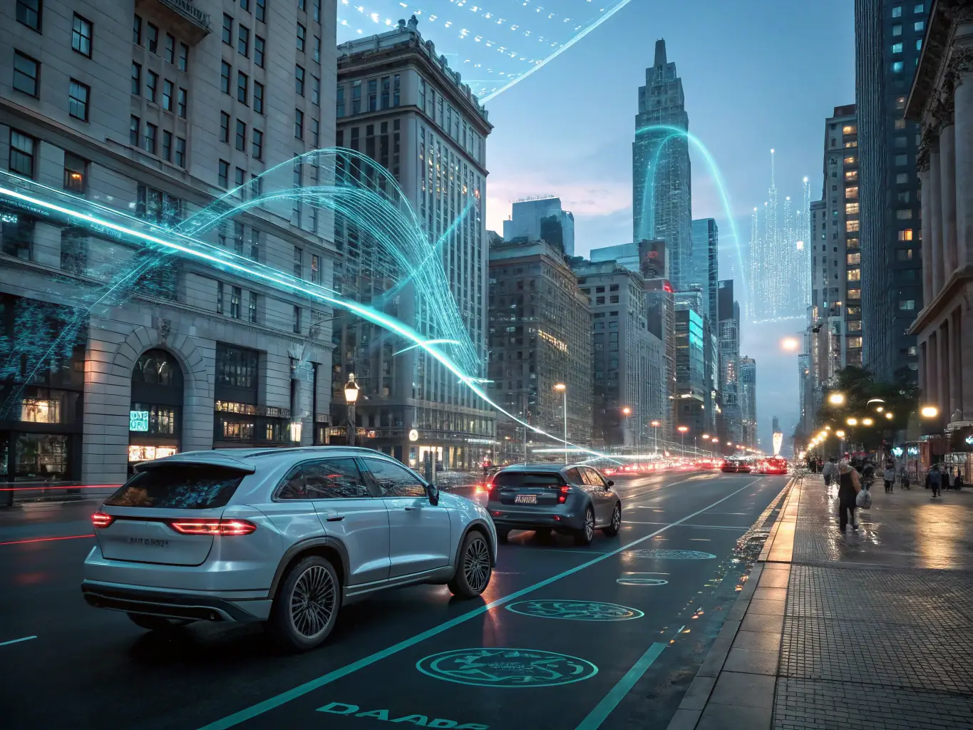 A futuristic graphic showcasing a digital twin of an organization, with data streams and interactive elements, representing the ability to model a digital twin.