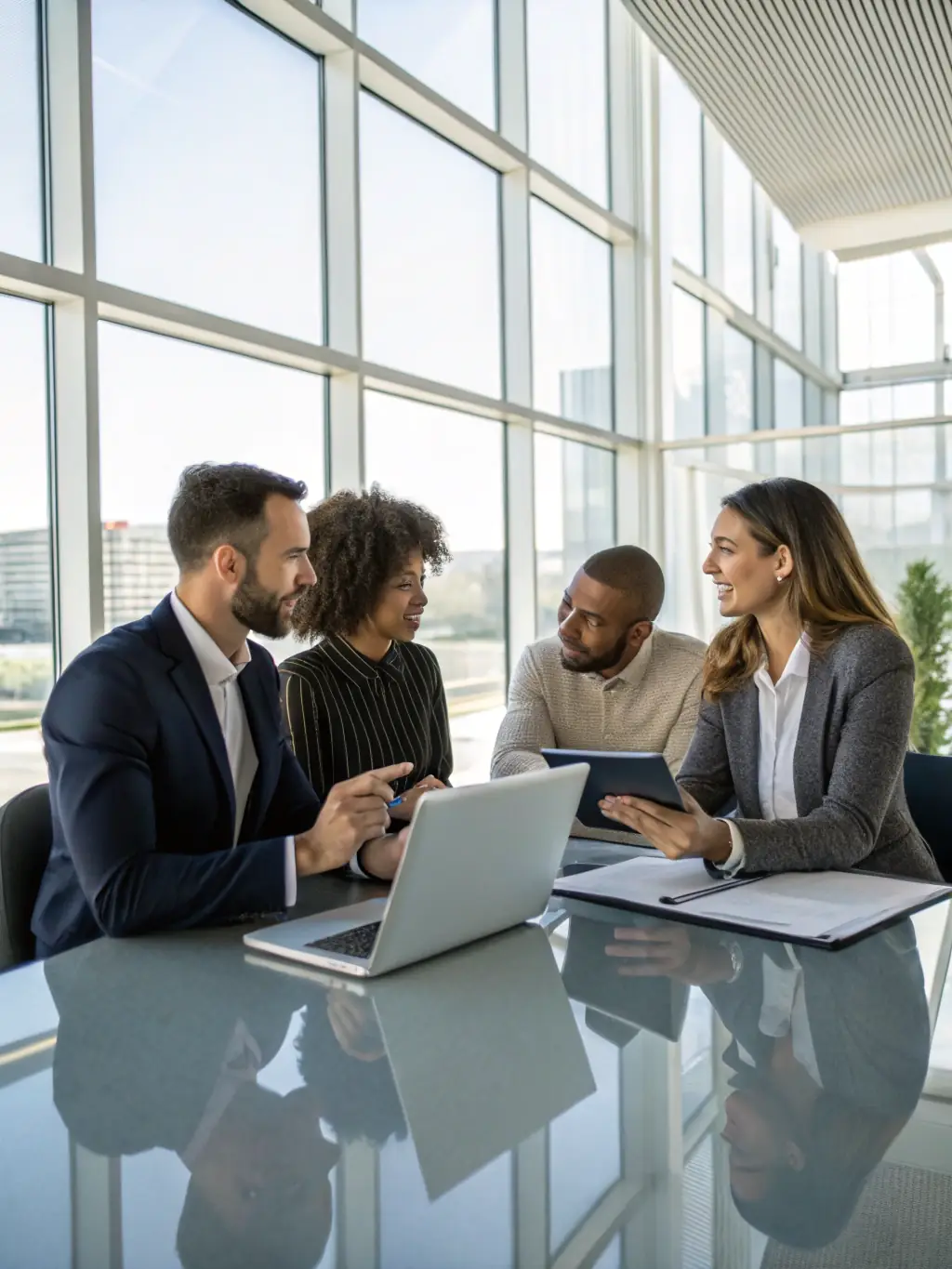 A professional image depicting a team of consultants in a meeting room, reviewing a project plan on a large screen, emphasizing collaboration and strategic planning for Odoo ERP implementation.
