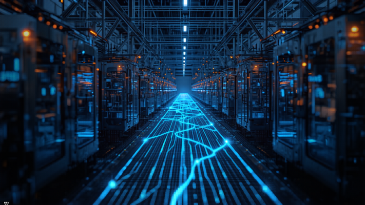 Data center aisle with rows of server racks and glowing blue network lines on the floor receding to a distant light